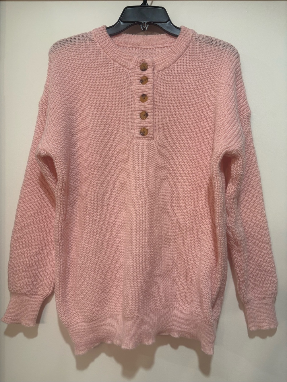 Source Unknown Soft Pink Button-Placket Crew Sweater